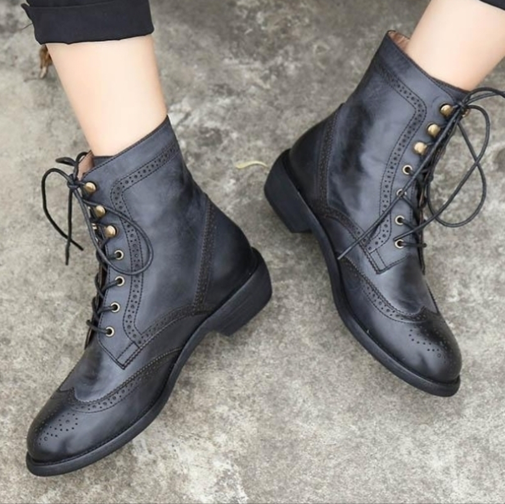 Handmade Black Leather Brogue Wingtip Boots Mens SZ 9